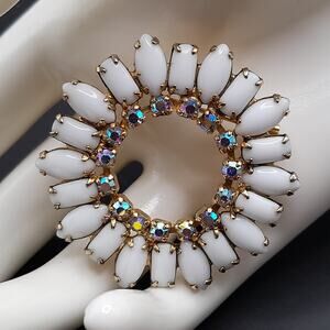 Vintage White Milk Glass Wreath Brooch,  Aurora Borealis Rhinestones, Gold Tone
